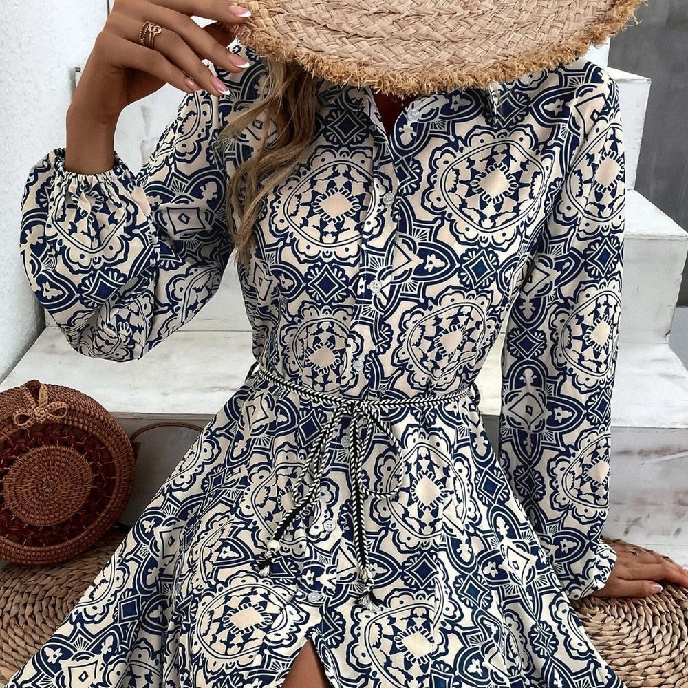 Boho Random Allover Print Belted Shirt Dress - Picture 3 of 5